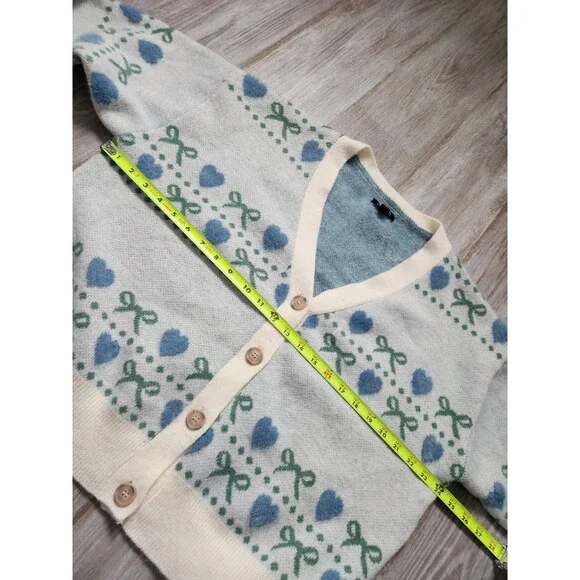 Girlish Heart Bow Cardigan Sweater Blue Cream Button Up Soft Knit Womens XL GUC - Picture 7 of 11